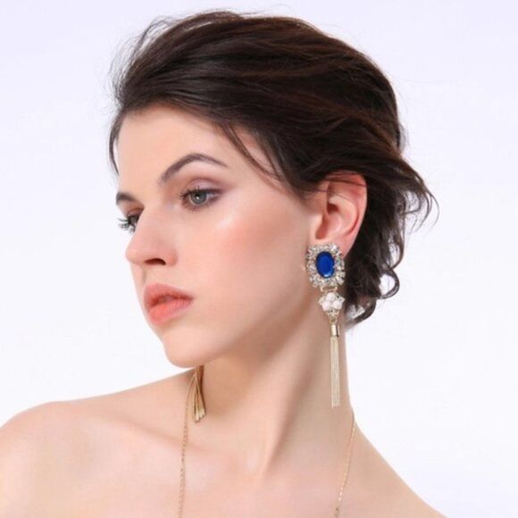Blue Rhinestone Crystal Pearl Tassel Fringe Gold Clip On Statement Earrings - Picture 4 of 13